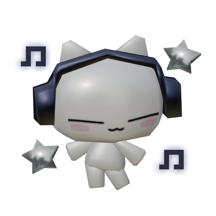 cat wearing headphons with stars arond her in the background